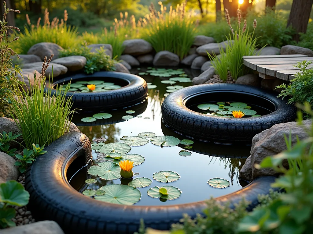 Eco-Friendly Tire Pond Oasis - A serene backyard wildlife pond created from reclaimed tires, photographed during golden hour. Multiple black tires are artistically arranged in cascading levels, creating natural-looking depth zones filled with crystal-clear water. Lush water lilies float on the surface while marsh marigolds and iris bloom around the edges. Native rushes and sedges emerge from shallow areas, providing shelter for small amphibians. Natural stone and pebbles cleverly disguise the tire edges. Dragonflies hover above the water surface, with a small wooden deck extending partially over the pond for viewing. Soft evening light casts warm reflections on the water, while naturalistic landscaping with ferns and shade-loving perennials surrounds the pond. Wide-angle perspective capturing the entire eco-system with background garden integration.