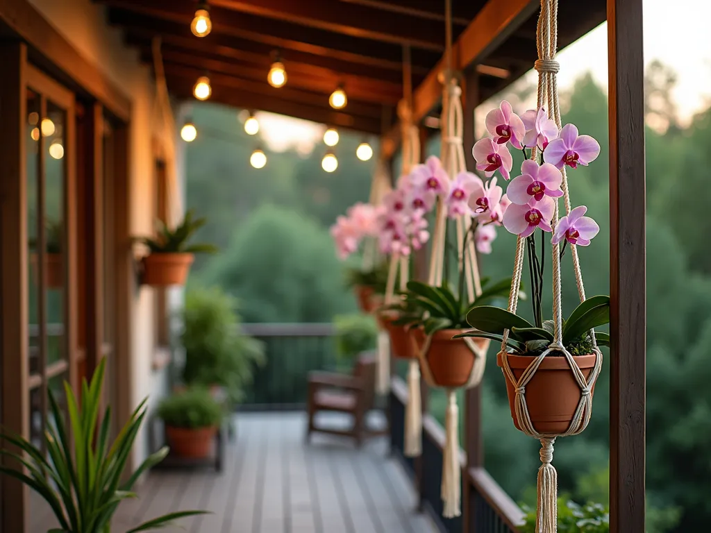 Bohemian Macramé Orchid Haven - A dreamy dusk scene of a covered patio corner featuring an elegant arrangement of hanging orchids in intricate macramé planters. Multiple cream-colored macramé hangers of varying lengths cascade from a wooden beam, creating a layered vertical garden effect. Phalaenopsis and Dendrobium orchids in various stages of bloom nestled in natural clay pots, their aerial roots gracefully trailing. Soft golden hour light filtering through the plants, casting delicate shadows on the weathered wood deck. Shot with shallow depth of field focusing on the central orchid arrangement, with fairy lights twinkling in the background. Professional DSLR capture at f/8, ISO 100, 1/125 sec, highlighting the textural details of both the macramé weaving and the orchid blooms.