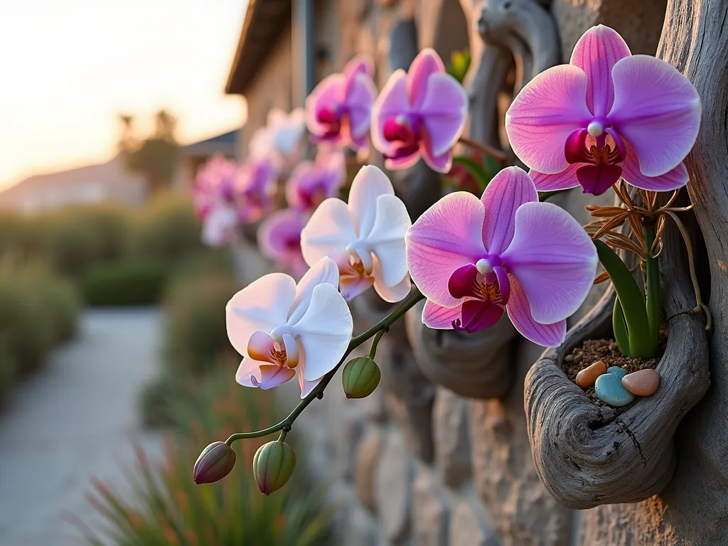 Coastal Driftwood Orchid Garden Display - A close-up shot at golden hour of an elegant outdoor patio corner featuring weathered gray driftwood pieces mounted on a natural stone wall. Multiple Phalaenopsis and Dendrobium orchids in white, pink, and purple are artistically attached to the driftwood at varying heights and angles, creating a cascading effect. Soft evening light filters through the orchid blooms, while sea glass accents and small air plants complement the coastal theme. The driftwood pieces show natural curves and textures, with some orchid roots naturally wrapping around the wood. A gentle ocean breeze appears to move through the delicate flowers, creating a sense of movement in the scene. The background shows glimpses of coastal grasses and sandy pathways.