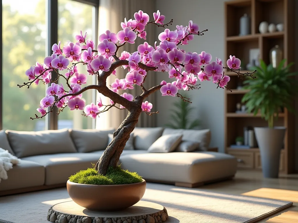 Elegant Indoor Orchid Tree Display - A stunning close-up photograph of an artistic 7-foot preserved tree structure adorned with cascading purple, white, and pink Phalaenopsis and Dendrobium orchids in a sunlit modern living room. The tree's natural twisted branches create an organic spiral pattern, with orchids mounted using moss and decorative mounting plates. Soft afternoon light streams through large windows, creating dappled shadows and highlighting the delicate orchid blooms. Shot with shallow depth of field focusing on the centerpiece orchids, with a dreamy bokeh effect in the background. The base features a designer ceramic planter surrounded by small river rocks and mood lighting.