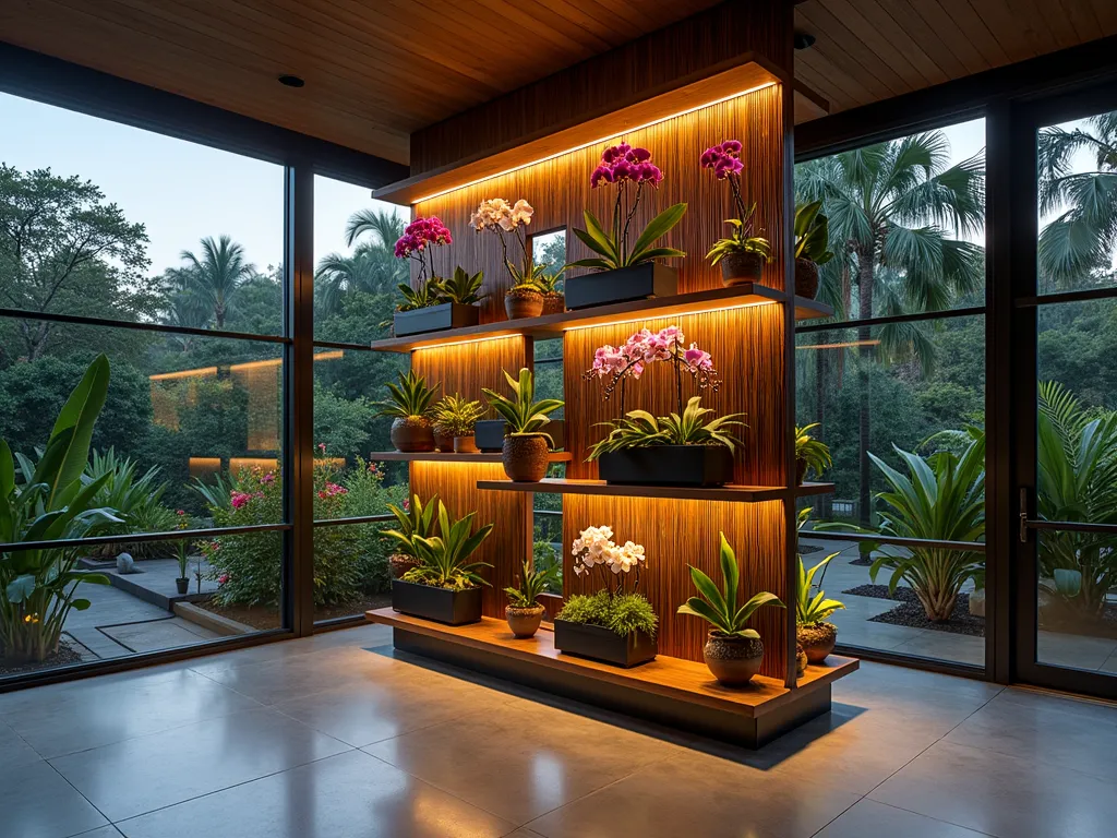 Elegant Orchid Room Divider in Garden Room - A stunning modern glass-enclosed garden room at dusk, featuring a sophisticated freestanding bamboo and glass room divider with integrated LED-lit shelving displaying a collection of vibrant Phalaenopsis and Cattleya orchids. The divider creates a natural separation between seating areas while allowing filtered light to pass through. Cascading orchids in various stages of bloom arranged at different heights, with some specimens mounted on natural bark. Soft ambient lighting highlights the orchids' delicate petals, creating ethereal shadows on the polished concrete floor. Wide-angle perspective capturing the entire space, with large windows revealing a lush tropical garden beyond. Captured with professional lighting, emphasizing the interplay of natural and artificial light.