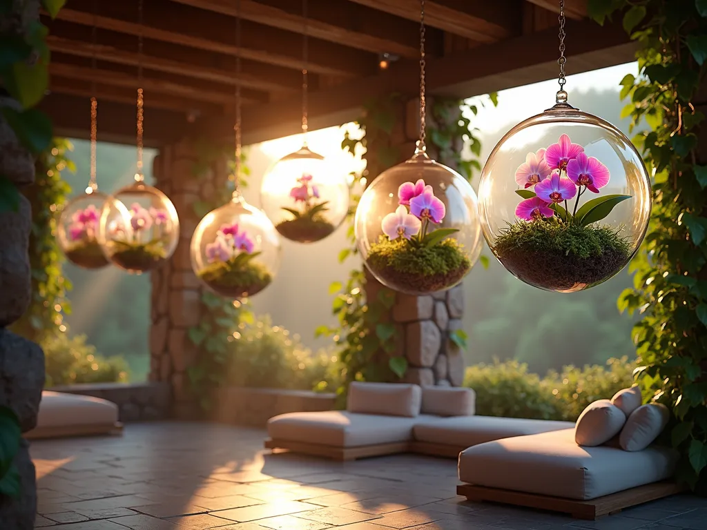 Ethereal Floating Orchid Globes at Dusk - A dreamy twilight scene of a luxurious covered patio with soaring glass globes suspended at varying heights, each containing vibrant miniature Phalaenopsis orchids. The translucent spheres catch the day's last golden rays, creating magical light refractions. The globes, ranging from 6 to 12 inches in diameter, float elegantly against a backdrop of wooden beams and climbing vines. Inside each terrarium-like globe, perfectly arranged orchids in pink, white, and purple bloom amidst fresh moss and specialized bark medium. Soft ambient lighting illuminates the globes from above, casting enchanting shadows on the stone patio floor below. A comfortable seating area with plush cushions sits beneath this floating garden, while delicate mist surrounds the scene, photorealistic, ultra-detailed, cinematic lighting.