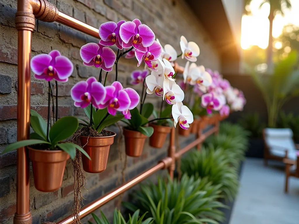 Industrial Copper Pipe Orchid Display - A stunning modern garden installation featuring a geometric network of polished copper pipes mounted on a weathered brick wall, photographed during golden hour. Multiple Phalaenopsis and Dendrobium orchids cascade elegantly along the copper framework, their vibrant purple, white, and pink blooms creating a beautiful contrast against the metallic pipes. Soft evening light casts warm shadows across the installation, while delicate aerial roots wrap naturally around the pipes. A wide-angle perspective captures the entire 8-foot installation, showing how the pipes branch out at various angles, creating an artistic sculptural element. The background features soft-focus tropical foliage and modern outdoor furniture, shot with professional DSLR settings: f/8, ISO 100, 1/125 sec, showcasing the perfect blend of industrial design and natural beauty.