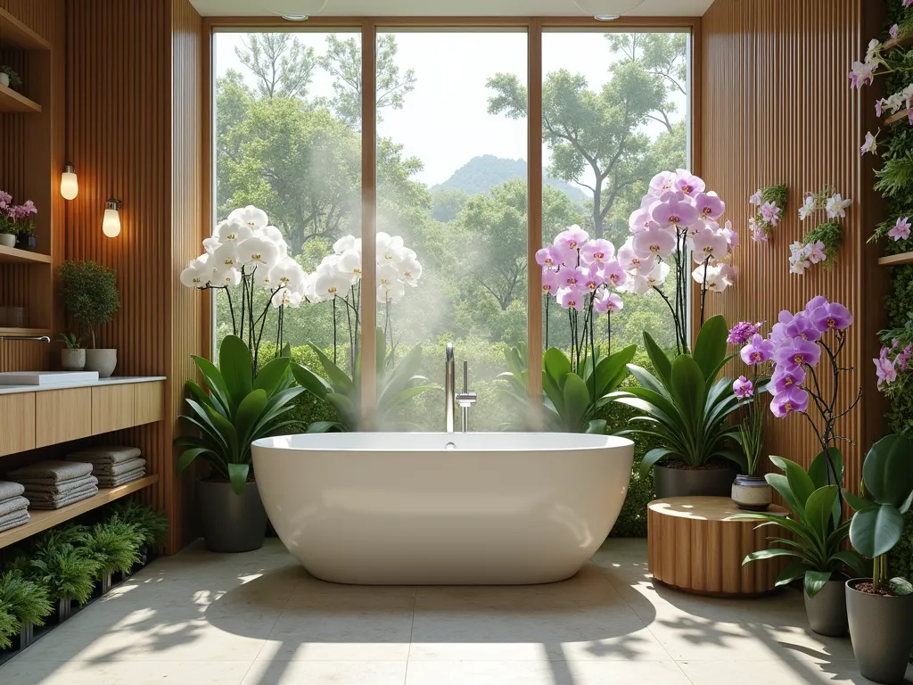 Luxury Orchid Greenhouse Bathroom - A serene indoor-outdoor bathroom space with floor-to-ceiling windows, featuring a tropical greenhouse design. White Phalaenopsis orchids cascade elegantly from natural wood wall mounts near a modern freestanding bathtub. Steam rises gently in the soft morning light, while purple Vanda orchids hang in clear glass terrariums. The space includes natural stone flooring, bamboo privacy screens, and a living wall of miniature Dendrobium orchids in various shades of pink and white. A skylight above bathes the scene in diffused natural light, creating a spa-like atmosphere. Shot from a wide angle to capture the seamless blend of bathroom luxury and tropical garden elements.