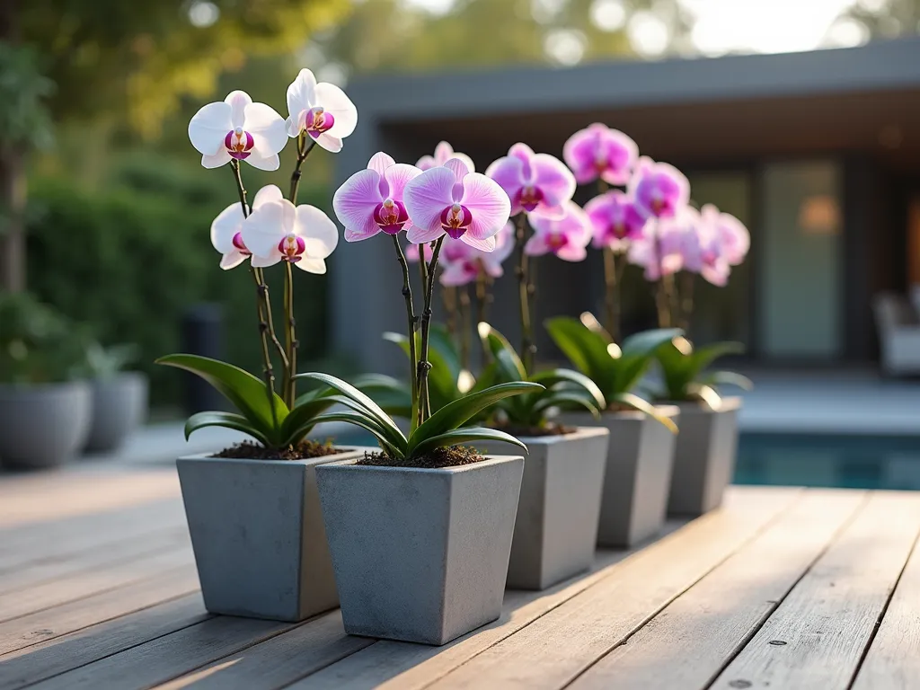 Modern Concrete Orchid Display - A serene morning patio scene featuring a sophisticated arrangement of minimalist concrete planters in various geometric shapes. The planters, arranged in a precise grid pattern on a sleek wooden deck, contain vibrant Phalaenopsis orchids in full bloom. The angular, matte-grey containers create striking contrast against the delicate white and purple orchid blooms. Soft morning light casts gentle shadows across the contemporary display, while dewdrops glisten on the orchid petals. Shot from a low angle perspective to emphasize the clean lines and architectural elements, with a blurred modern house facade in the background. DSLR photography, wide-angle lens, f/8, ISO 100, 1/125s, natural morning lighting, 8K, hyperrealistic.