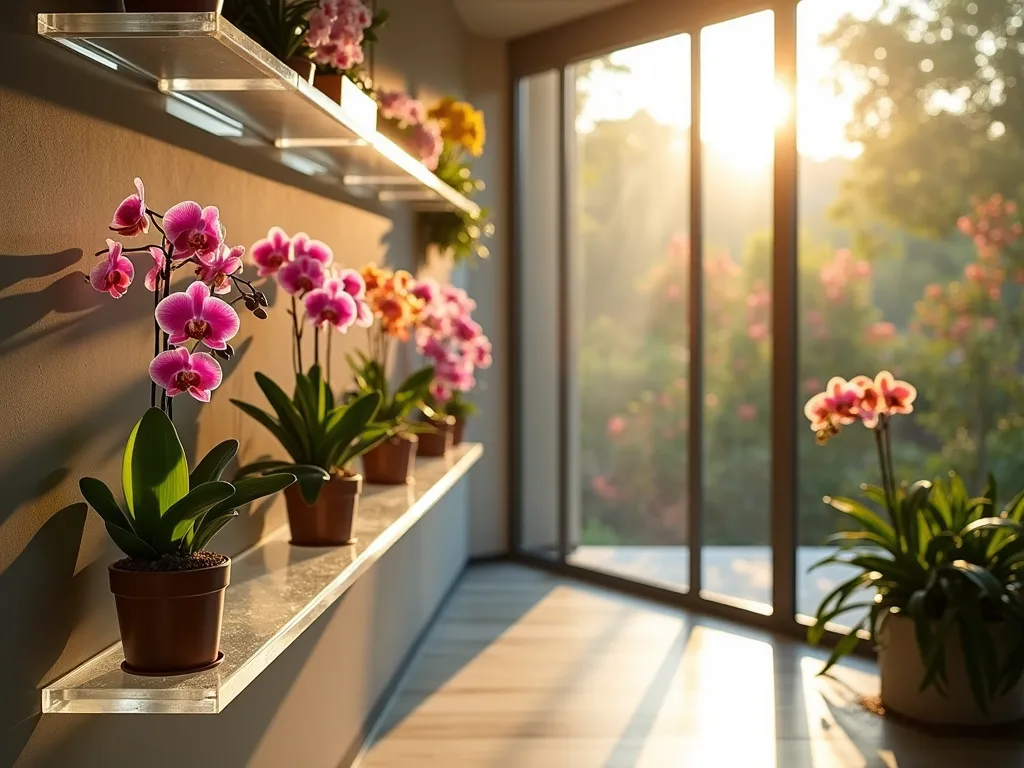 Modern Floating Orchid Window Display - A sunlit contemporary indoor-outdoor transitional space featuring floor-to-ceiling windows with elegant transparent acrylic shelves floating at various heights. Multiple colorful Phalaenopsis and Cattleya orchids are artfully arranged on the shelves, creating a stunning vertical garden effect. Golden hour sunlight streams through the window, casting gentle shadows and highlighting the delicate orchid blooms. Shot at f/2.8 with a slight bokeh effect, capturing the ethereal floating appearance of the shelves and the intricate details of the orchids. The background reveals a lush garden view through the window. Wide-angle perspective showcasing the entire floating display while maintaining focus on the orchids' natural beauty.