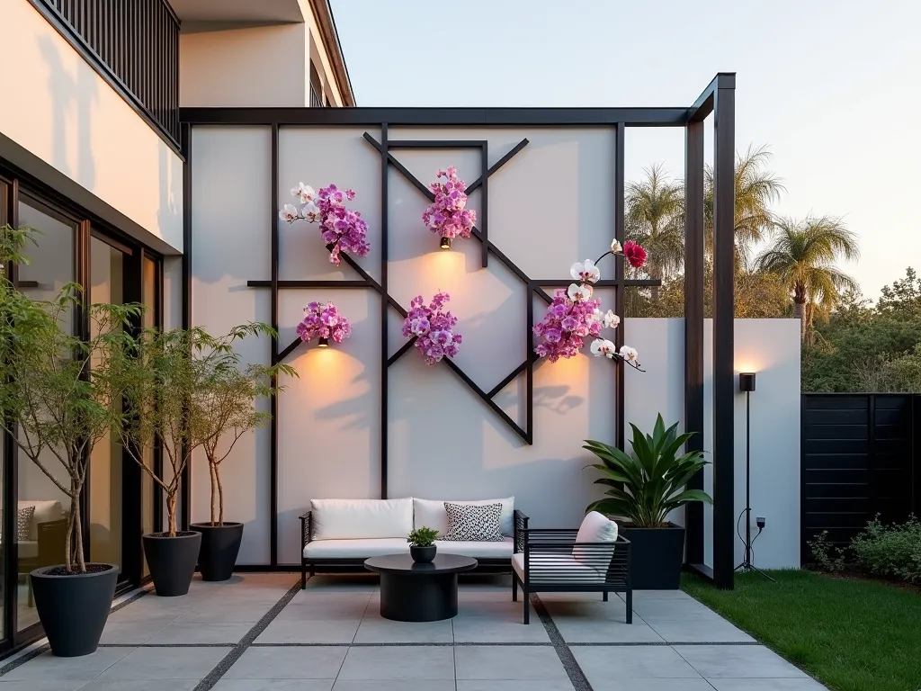 Modern Geometric Orchid Display Frame - A stunning architectural installation in a contemporary garden featuring sleek black geometric metal frames arranged in an artistic pattern against a white rendered wall. Multiple Phalaenopsis orchids are mounted at dynamic angles within the frames, their vibrant purple and white blooms cascading naturally. The metal structure, photographed during golden hour, casts dramatic shadows across the wall while soft backlighting illuminates the delicate orchid petals. A modern stone patio beneath features minimalist furniture and potted bamboo, creating depth in the wide-angle composition. The precise geometric lines contrast beautifully with the organic forms of the orchids, while strategic LED spotlights are integrated into the frame design. Shot at f/8 with natural lighting enhanced by the setting sun's warm glow.