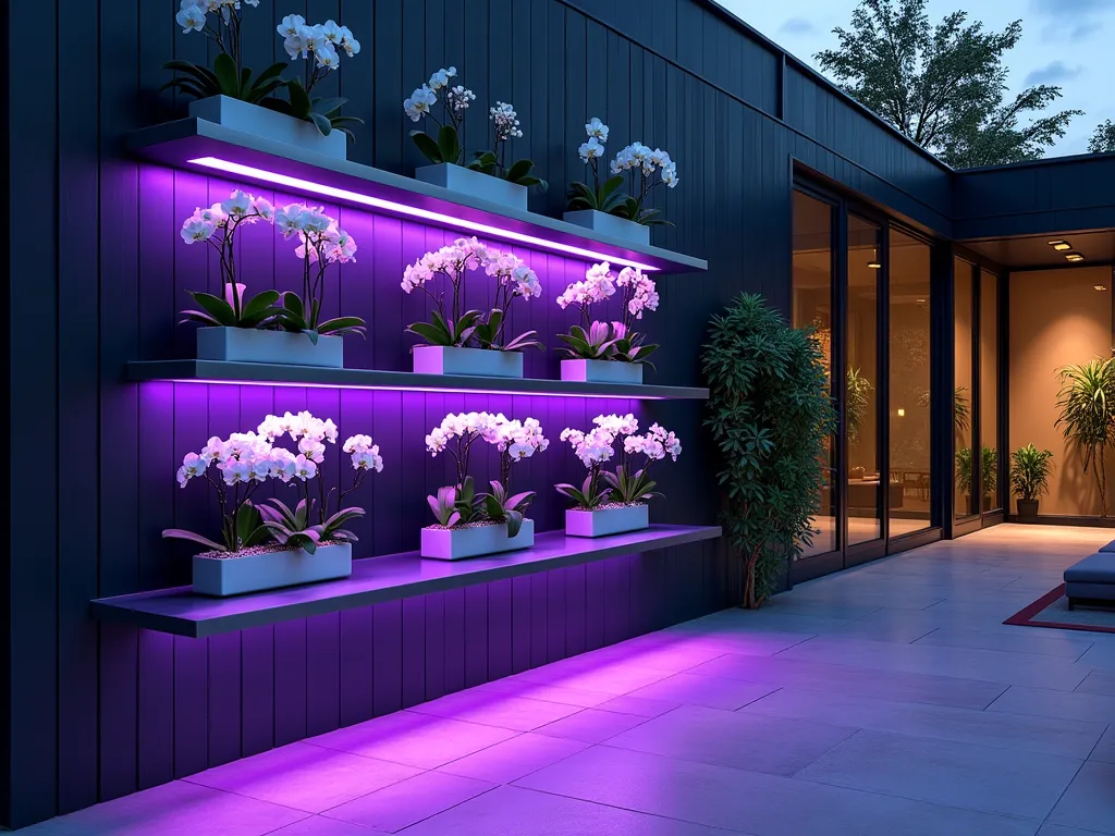 Modern LED Orchid Garden Display - A stunning evening photograph of a modern glass-enclosed patio space featuring a sleek, floating stainless steel shelving system illuminated by purple-blue LED grow lights. Multiple tiers showcase elegant white Phalaenopsis and vibrant Vanda orchids in minimalist white ceramic containers. The shelving unit appears to hover against a dark charcoal wall, creating dramatic shadows and light play. Shot at f/8 with a wide-angle lens to capture the entire contemporary installation while maintaining crisp detail of the orchid blooms. The space integrates seamlessly with the outdoor garden visible through floor-to-ceiling windows, where landscape lighting creates a soft backdrop.