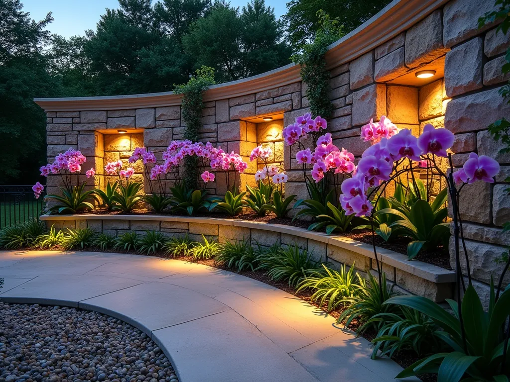 Cascading Orchid Stone Wall at Dusk - A dramatic wide-angle shot of a curved natural stone wall garden at dusk, featuring built-in stone pockets filled with vibrant flowering orchids. The 8-foot tall textured limestone wall creates a stunning focal point, with Phalaenopsis and Cattleya orchids cascading down in a natural pattern. Subtle LED uplighting illuminates the wall, creating depth and shadows among the stone textures. A sophisticated drip irrigation system is partially visible, with small copper pipes elegantly integrated into the stonework. The foreground shows a peaceful zen-style pebble garden, while climbing vines delicately frame the edges of the wall. Professional DSLR photo with crisp detail, shot at f/8, capturing the interplay of golden hour light on the stone and orchid blooms.