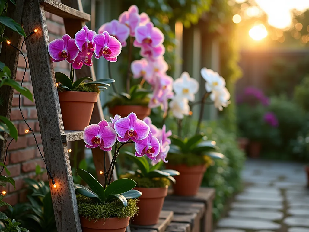 Rustic Ladder Orchid Display at Sunset - A close-up shot of a weathered wooden ladder against a garden wall at sunset, transformed into an elegant orchid display stand. Multiple Phalaenopsis and Cattleya orchids in varying shades of pink, purple, and white cascade down the ladder's rungs, each positioned in vintage terracotta pots with moss accents. Soft golden evening light filters through the orchid blooms, creating a magical atmosphere. The ladder leans at a slight angle against a weathered brick wall covered in climbing ivy, with a natural stone patio visible at its base. Copper wire lights are delicately woven through the ladder, adding a warm, enchanting glow to the display.