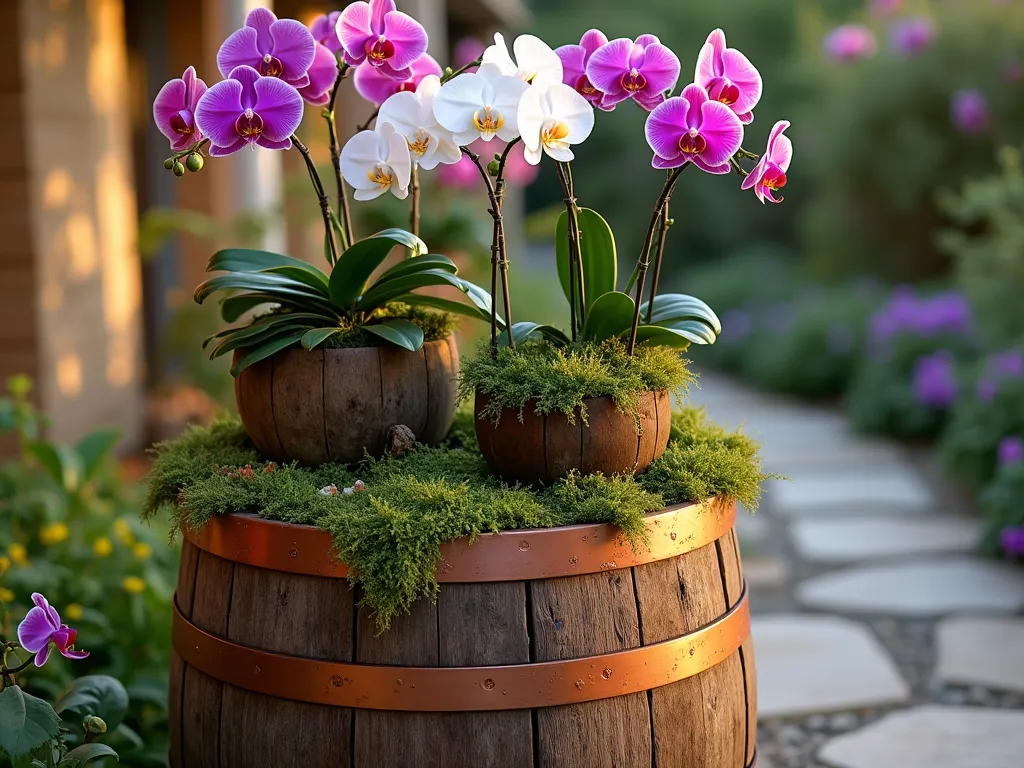 Rustic Wine Barrel Orchid Display - A beautifully weathered oak wine barrel repurposed as a multi-tiered orchid planter, photographed during golden hour on a natural stone patio. The barrel features three carefully arranged levels showcasing blooming Phalaenopsis and Cattleya orchids in vibrant purples and whites. Moss-lined tiers create a naturalistic effect, while copper drainage pipes add rustic charm. The barrel's original metal bands have a tasteful patina, complemented by trailing Spanish moss. A soft evening light casts warm shadows across the weathered wood, while the background shows a blurred cottage garden. Professional DSLR photo with shallow depth of field focusing on the cascading orchid display. 8K resolution, ultra-detailed texture of wood grain and orchid petals.