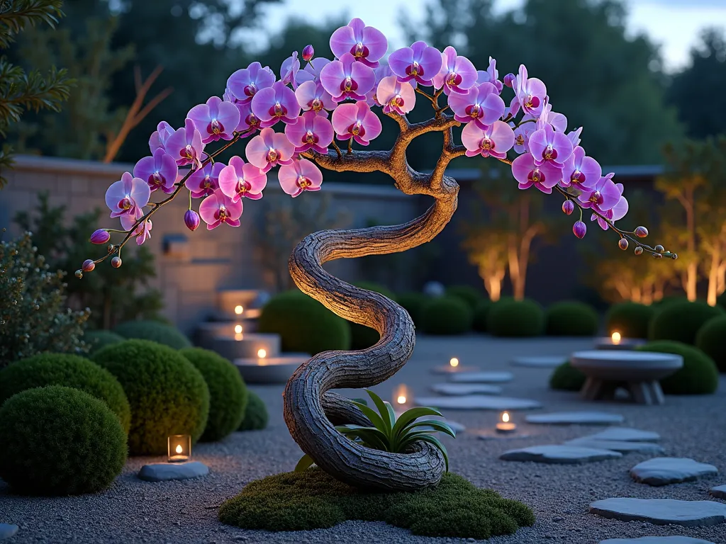 Elegant Orchid Branch Sculpture - A stunning twilight garden scene featuring a 6-foot-tall artistic installation of weathered silver-gray branches arranged in a flowing, organic sculpture. Multiple Phalaenopsis and Dendrobium orchids are mounted strategically along the twisted branches, their vibrant purple, white, and pink blooms creating ethereal floating points of color. Soft landscape lighting illuminates the installation from below, casting dramatic shadows on a nearby stone wall. The sculptural piece is positioned in a zen-style corner of a garden, surrounded by small river rocks and scattered moss patches. Shot from a low angle at f/2.8 to create dreamy bokeh of the garden background, with the golden hour light filtering through the branches and orchid petals.