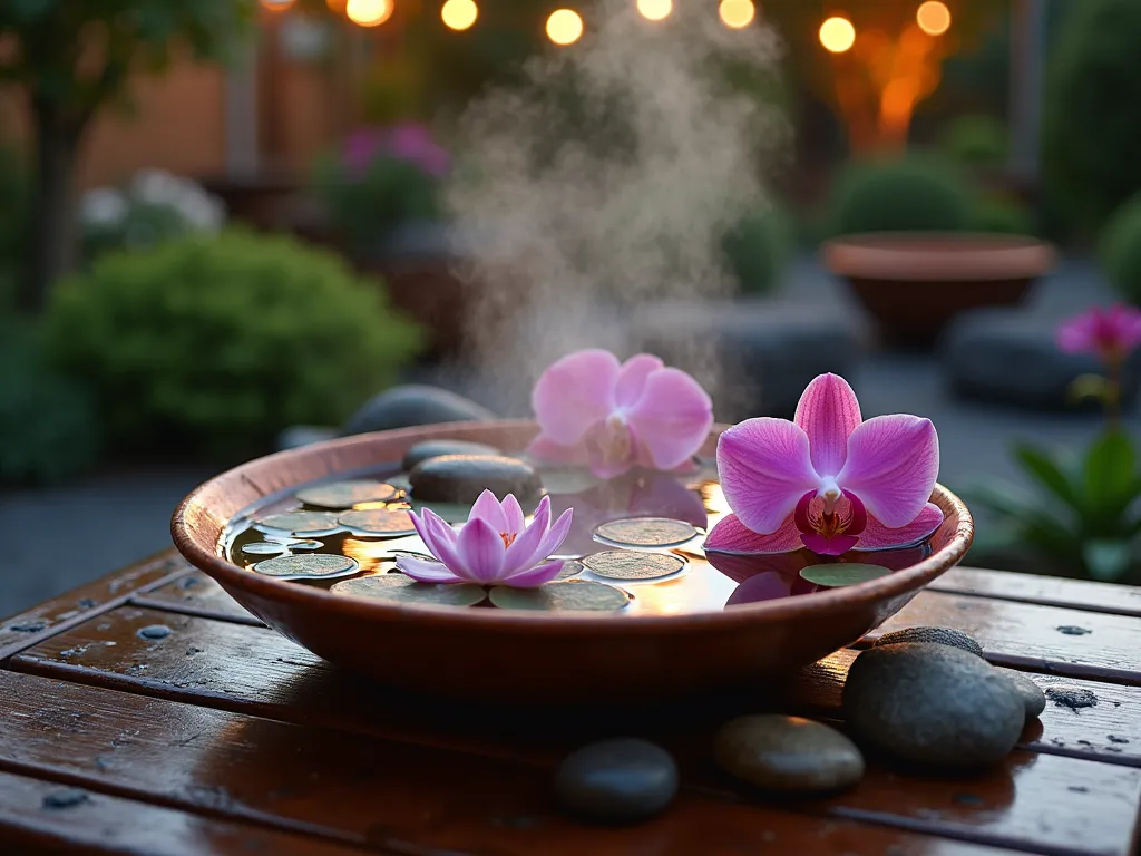 Serene Orchid Tabletop Water Garden at Dusk - Professional photograph of an elegant tabletop water feature on a wooden deck at dusk, captured with a medium shot perspective. A circular copper basin contains still water with small water lilies, surrounded by blooming Phalaenopsis and Vanda orchids cascading over natural stones. Soft LED uplighting illuminates the orchids, creating magical reflections on the water's surface. The background shows a blurred garden setting with string lights, while mist rises gently from the water, creating a mystical atmosphere. Shot with a 16-35mm lens at f/2.8, ISO 400, capturing the golden hour lighting and water reflections.