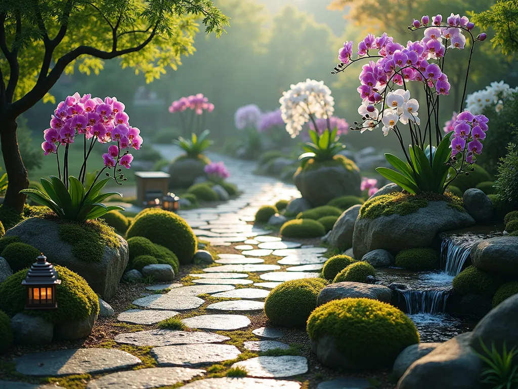 Tranquil Orchid Path at Dawn - A serene garden path photographed at dawn with soft morning mist, captured with a wide-angle 16-35mm lens at f/2.8. The winding stone pathway is lined with natural rock formations adorned with mounted Phalaenopsis and Dendrobium orchids in full bloom. Emerald-green moss blankets ancient stones while small cascading water features create gentle ripples. Japanese maple trees filter dappled sunlight, creating ethereal shadows across the path. Small copper lanterns illuminate the walkway, their warm glow reflecting off scattered water pools. Natural stone benches nestle between clusters of blooming orchids, offering meditation spots. The composition shows depth through leading lines of the curved path, with orchids in various purple, white, and pink hues creating visual interest against the weathered rocks and lush moss. A gentle morning fog adds atmosphere while maintaining the sharp detail of the closest orchids.