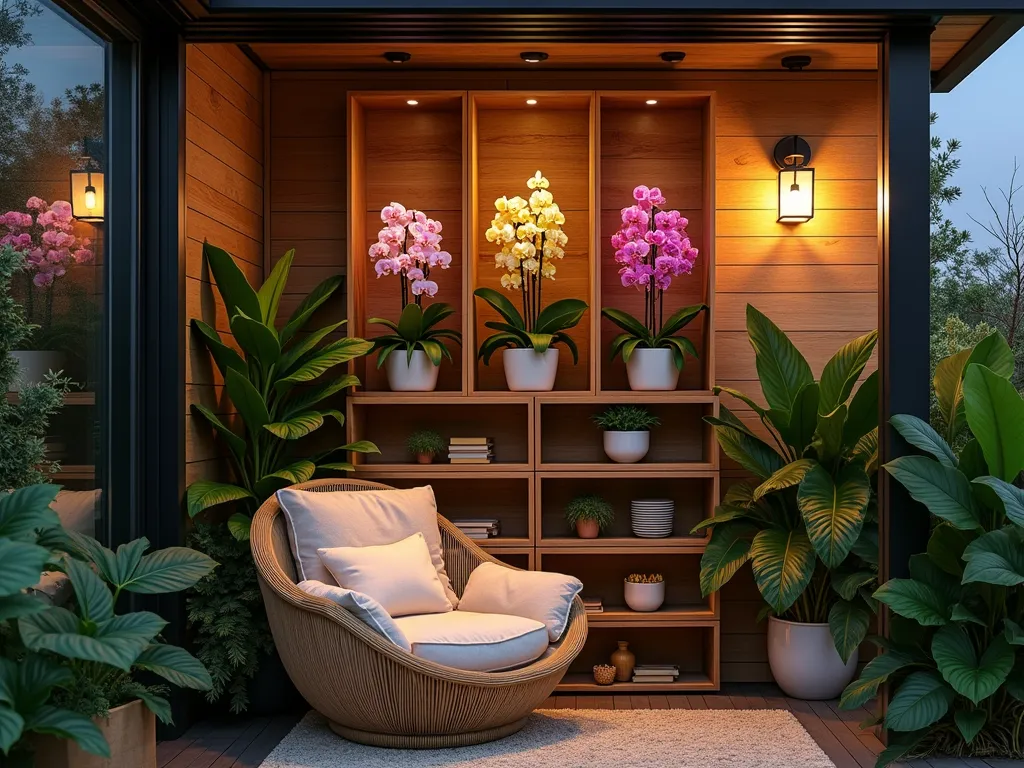 Tropical Orchid Reading Sanctuary - A serene outdoor reading nook at dusk, nestled within a modern covered patio corner. Custom-built wooden shelving displays a variety of colorful Phalaenopsis and Cattleya orchids at different heights. A plush, oversized rattan chair with cream cushions sits beneath warm, ambient pendant lighting. Surrounding tropical foliage includes large monstera leaves and hanging ferns. Glass panels protect the space while maintaining an open-air feel. Modern sconce lighting illuminates the orchid displays, creating a magical interplay of light and shadow. The intimate space is photographed at a 45-degree angle to capture both the cozy seating and the vertical orchid arrangements.