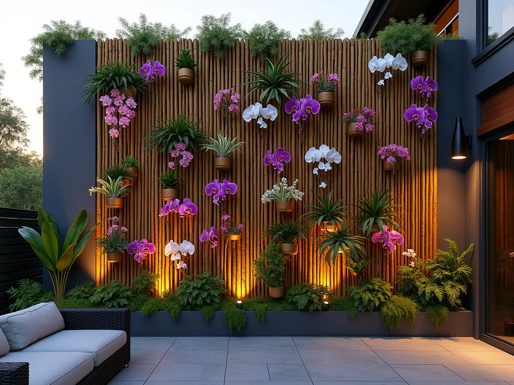 Bamboo and Orchid Living Wall at Sunset - A stunning vertical garden featuring a grid of golden bamboo poles against a modern charcoal-colored wall, photographed at sunset. Mounted orchids in vibrant purples, whites, and pinks cascade at various heights, creating a living tapestry. The wide-angle shot captures the entire 8-foot installation while showing part of a contemporary patio space below. Soft evening light filters through the bamboo structure, casting delicate shadows. Phalaenopsis and Dendrobium orchids bloom abundantly among small air plants and trailing vines. Natural mist in the air adds a mystical tropical atmosphere, while copper LED spotlights begin to illuminate the display. Sleek outdoor furniture in the foreground provides scale and context. Hyperrealistic, architectural photography style.