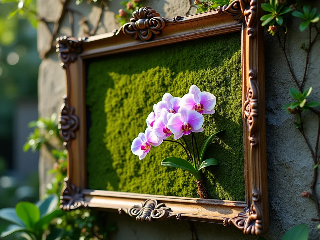 Vertical Moss and Orchid Living Wall Art - A stunning close-up shot of a large ornate wooden frame mounted on an outdoor garden wall, filled with vibrant green moss and featuring multiple Phalaenopsis orchids in full bloom. The natural morning light casts gentle shadows across the textured moss surface, highlighting the delicate white and purple orchid blooms. Dewdrops glisten on the moss, creating a magical atmosphere. The frame is positioned against a weathered stone wall with trailing vines, creating depth and context in the garden setting. Shot with shallow depth of field focusing on the central orchid arrangement, ISO 100, f/8, 1/125s, captured with a wide-angle lens to show the scale and surrounding garden elements.