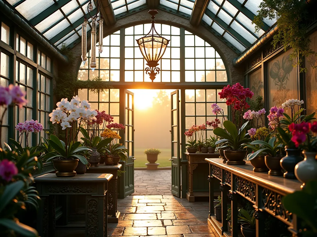 Victorian Greenhouse Orchid Collection at Dusk - A stunning Victorian-style glass greenhouse at dusk, captured with a wide-angle lens (16-35mm, f/2.8, ISO 400). Golden hour light streams through ornate metal-framed windows, illuminating a sophisticated collection of orchids arranged on tiered wrought-iron stands. Phalaenopsis and Cattleya orchids in full bloom cascade at various heights, while antique brass terrariums house delicate miniature orchids. Crystal prisms hanging from the greenhouse ceiling create rainbow refractions across vintage botanical prints on the walls. Climbing Vanilla orchids weave through the metalwork, adding vertical interest. The greenhouse is surrounded by a formal English garden, visible through the steamy glass panels, with a stone pathway leading to its entrance. Delicate mist rises from automated humidifiers, creating an ethereal atmosphere that highlights the orchids' exotic beauty.