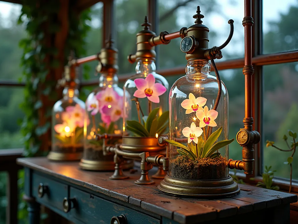 Victorian Steampunk Orchid Terrarium Display - A close-up view of an intricately designed steampunk terrarium collection on an outdoor covered porch at dusk. Multiple brass-framed antique laboratory glass vessels are interconnected with copper pipes and brass valves. The terrariums house exotic orchids in various stages of bloom, with Phalaenopsis and Vanda orchids prominently displayed. Vintage pressure gauges, small gears, and industrial-style LED lighting create a warm ambient glow. Delicate water vapor escapes from brass vents, while Victorian-era botanical illustrations are etched onto the glass. The terrariums are arranged on a weathered wooden console table against a backdrop of climbing ivy. Shot with soft natural evening light mixing with the warm illumination from the terrarium lighting, creating a magical atmosphere. 16-35mm lens at f/2.8, ISO 400, capturing the intricate details and depth of the setup.