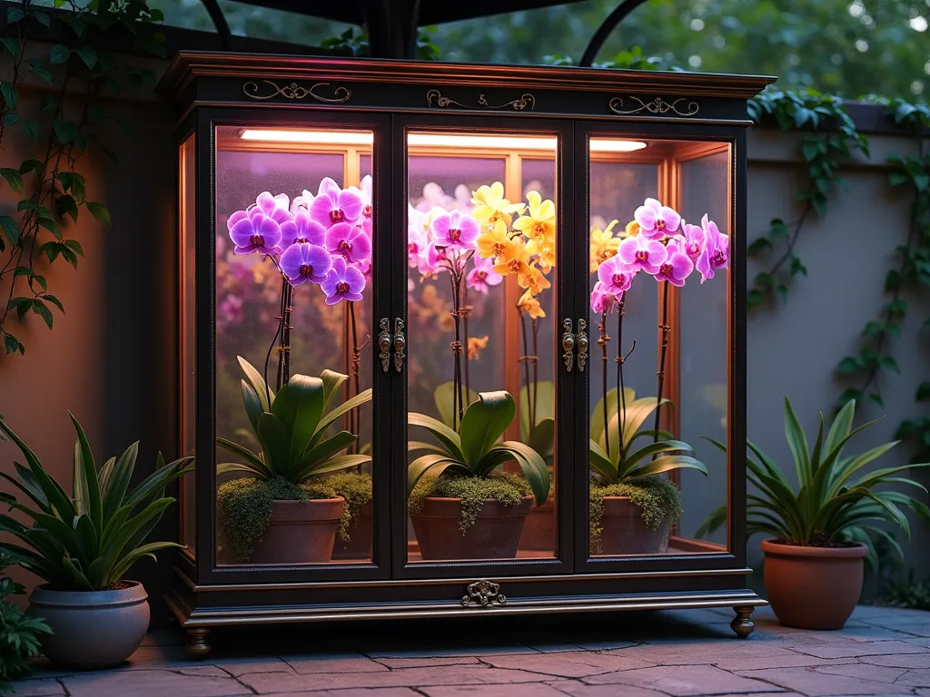 Elegant Vintage Cabinet Orchid Greenhouse - A soft evening scene featuring an elegant antique Victorian glass cabinet transformed into an orchid greenhouse, placed on a covered patio. The cabinet's ornate brass fixtures gleam in warm accent lighting, while its glass panels reveal a meticulously arranged collection of blooming orchids in various colors. Purple Phalaenopsis and yellow Cattleya orchids are visible through the crystal-clear glass. Modern LED grow lights create a gentle purple-white glow from within, highlighting the condensation on the glass panels. The cabinet sits against a backdrop of natural stone walls with climbing vines, creating a perfect blend of vintage charm and modern gardening technology. A close-up perspective captures the detailed humidity gauge and subtle mist surrounding the thriving orchids.