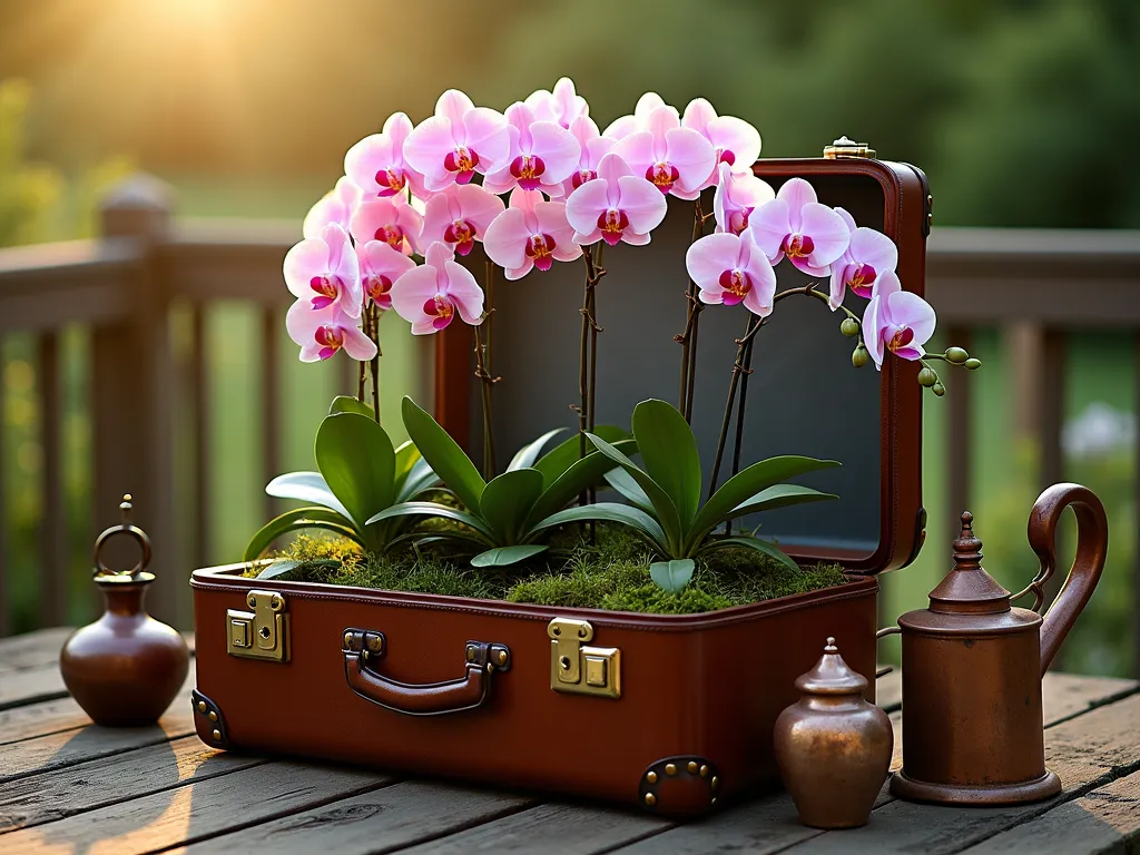 Vintage Suitcase Orchid Display - Close-up DSLR photo of an elegantly weathered brown leather vintage suitcase transformed into a stunning orchid garden, positioned on a rustic wooden deck. Multiple Phalaenopsis orchids in soft pink and white cascade gracefully from the open suitcase, which is lined with moss and mounted on antique brass stands. Golden evening sunlight filters through the orchid blooms, creating a warm, nostalgic atmosphere. The suitcase features carefully placed drainage holes and is surrounded by vintage gardening accessories like copper watering cans and aged terracotta pots. Depth of field emphasizes the delicate orchid blooms while maintaining detail in the weathered leather texture. f/8, ISO 100, 1/125 sec, shot with wide-angle lens.