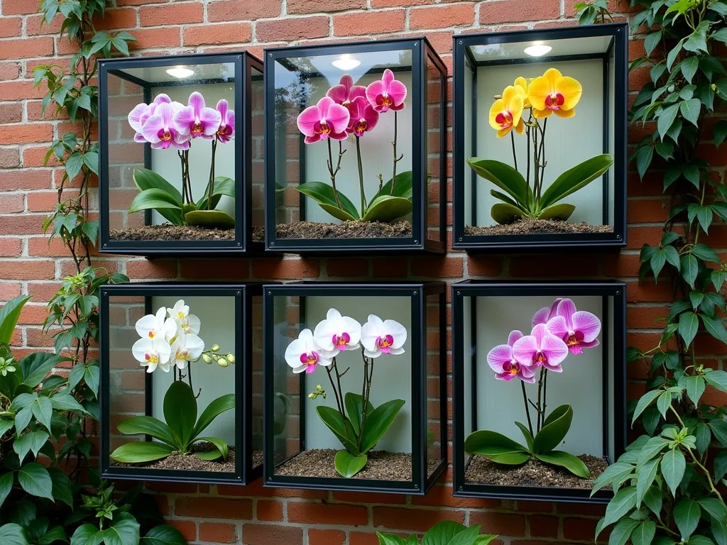 Elegant Wall-Mounted Mini Greenhouse Orchid Display - A professional DSLR photograph of an elegant outdoor wall featuring six minimalist glass greenhouse boxes mounted in a geometric pattern, each showcasing different vibrant orchid species. The modular boxes are crafted from clear glass and sleek black metal frames, creating a striking contemporary installation against a weathered brick wall. Soft morning light filters through the glass, illuminating Phalaenopsis, Cattleya, and Dendrobium orchids in full bloom. Delicate condensation patterns form on the glass surfaces, while small ventilation systems are visible at the corners. Shot with a wide-angle lens at f/8 to capture the entire wall installation while maintaining detail in both the architectural elements and the orchids. Natural climbing vines frame the edges of the composition, adding organic movement to the geometric design. The perspective shows the installation from a slight angle to capture depth and dimension, while highlighting the accessibility of each individual greenhouse unit.