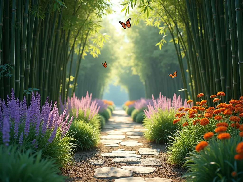 Enchanting Bamboo Butterfly Sanctuary - A serene garden sanctuary featuring tall, elegant bamboo groves creating a protective backdrop, with meandering paths through vibrant butterfly-attracting flowers. Purple coneflowers, bright orange lantana, and pink butterfly bush in full bloom dot the foreground. Delicate butterflies float between the blooms. Soft natural lighting filters through the bamboo leaves, creating dappled shadows on a rustic stone pathway. Japanese forest grass and lavender provide lower-level texture. Photorealistic, depth of field, nature photography style, late morning light.