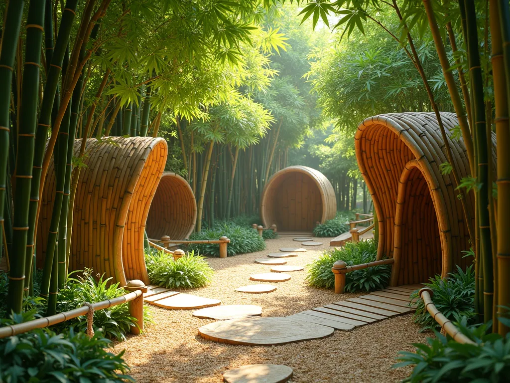 Magical Bamboo Children's Adventure Garden - A whimsical garden space featuring naturally curved bamboo archways and tunnels creating a magical children's play area, photographed in natural sunlight filtering through bamboo leaves. The scene shows a safe, enchanted pathway with multiple bamboo-crafted hideouts and play structures. Low-growing Fargesia rufa bamboo varieties line the edges, while taller Golden Bamboo creates natural shade canopies. The ground is covered with soft wood chips and features stepping stones. Small wooden bridges and rope elements connect different play zones, all surrounded by lush bamboo greenery. The setting has a dreamy, natural atmosphere with dappled sunlight creating interesting shadow patterns, lifestyle photography style, 4k HD