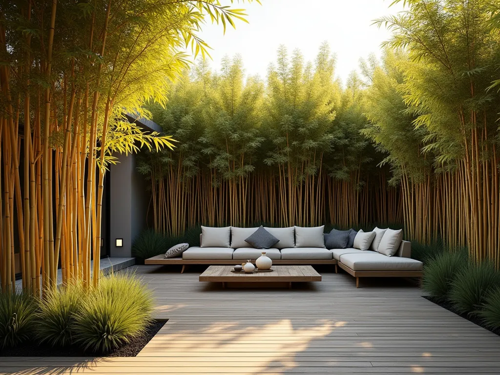 Bamboo Climate Control Sanctuary - A serene modern backyard sanctuary showcasing tall, dense golden bamboo groves strategically planted around a contemporary outdoor living space. The bamboo creates a natural privacy screen and windbreak, casting dappled shadows on a cozy outdoor seating area with modern furniture. Sunlight filters through the bamboo leaves, creating a cooling effect over a wooden deck. The scene includes a sleek outdoor sofa with cushions, subtle landscape lighting, and smaller ornamental grasses at the base of the bamboo. The composition demonstrates both summer shade and winter wind protection aspects, with the bamboo arranged in a gentle curve around the seating area. Photorealistic, architectural photography style, golden hour lighting.