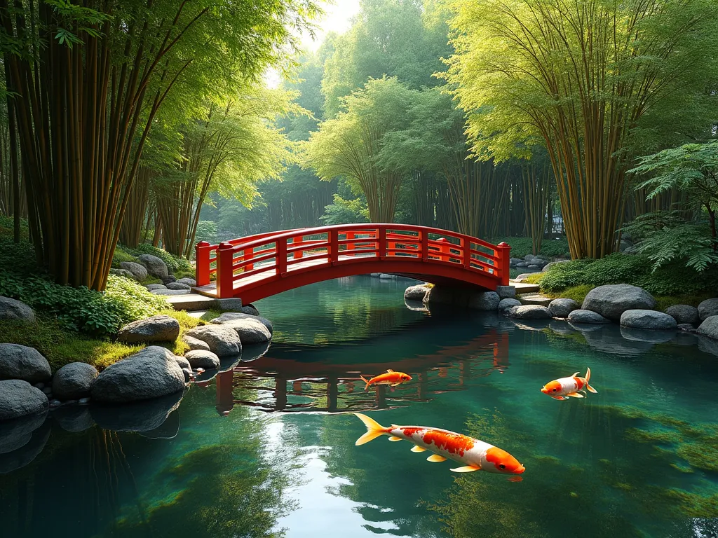 Serene Bamboo-Lined Koi Pond with Wooden Bridge - A tranquil Japanese-style garden featuring a large natural koi pond surrounded by elegant black bamboo and golden bamboo groves. Crystal-clear water reflects the bamboo stems and swaying leaves, creating mirror-like symmetry. A curved red wooden bridge arches gracefully over the pond, where vibrant orange and white koi fish swim beneath. Natural stone borders edge the pond, with moss-covered rocks scattered artistically. Soft afternoon sunlight filters through the bamboo canopy, creating dappled shadows on the water's surface. The scene is composed in a professional landscape photography style with perfect depth of field.