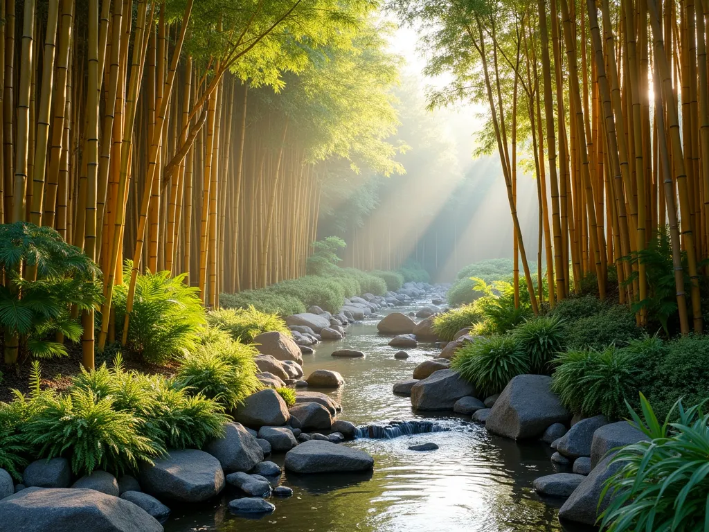 Tranquil Bamboo Rain Garden - A serene, naturalistic rain garden featuring tall, elegant bamboo groves surrounding a shallow depression filled with river rocks and water-loving plants. Golden bamboo culms rise gracefully against a misty background, with water trickling down a small stream lined with smooth stones. The layered design shows lush ferns and ornamental grasses at ground level, while strategic placement of large rocks creates natural water channels. The scene is photographed during golden hour, with dappled sunlight filtering through the bamboo leaves, creating an enchanting atmosphere. The garden demonstrates both aesthetic beauty and ecological function, with clear signs of water management through careful landscaping.