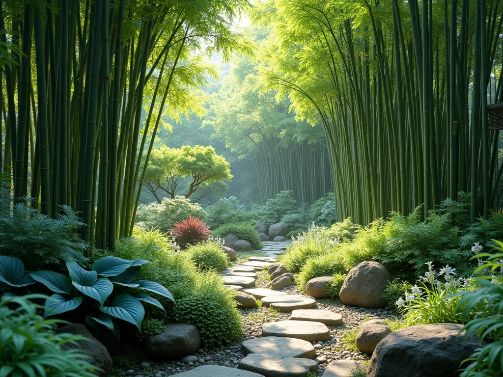 Serene Bamboo Woodland Garden - A tranquil garden scene with tall, elegant bamboo creating a natural canopy, casting dappled sunlight on a lush understory. Large, vibrant hostas with blue-green leaves spread beneath, while delicate Japanese painted ferns add silver and burgundy highlights. Natural stone pathway weaving through the space, moss-covered rocks scattered throughout. Woodland flowers and small Japanese forest grass provide ground coverage. Photorealistic, soft natural lighting filtering through bamboo leaves, creating a peaceful, zen-like atmosphere. High-end garden photography style, f/2.8, shallow depth of field