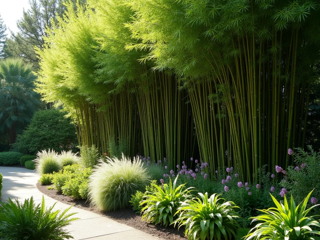 Elegant Bamboo Privacy Windbreak - A tranquil garden scene featuring a tall, dense row of graceful Timber bamboo plants, reaching 20 feet high, swaying gently in the wind. The bamboo creates a natural green wall along the garden's edge, protecting a beautiful collection of flowering plants and ornamental grasses below. Soft afternoon sunlight filters through the bamboo leaves, casting dappled shadows on the garden path. In the foreground, delicate Japanese maples and flowering perennials thrive in the sheltered environment.