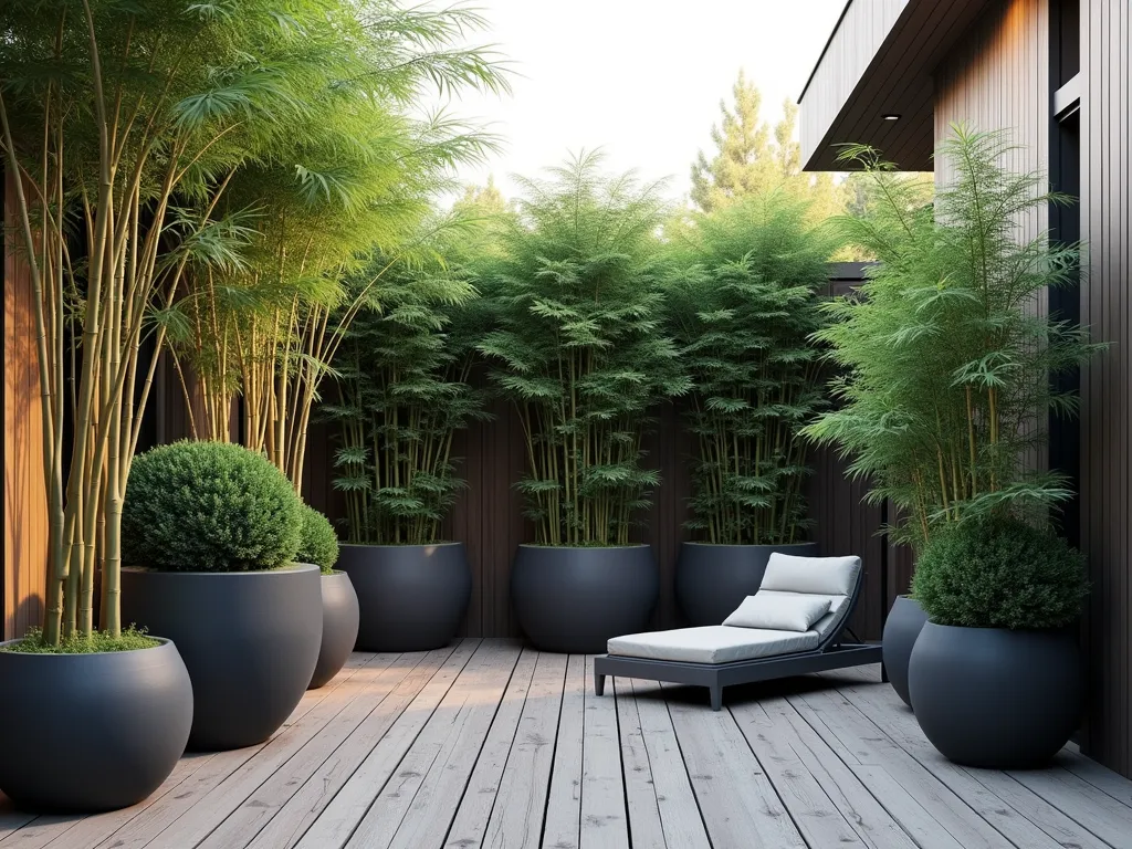 Elegant Bamboo Container Garden on Modern Patio - A serene modern patio featuring an artistically arranged collection of large, minimalist ceramic containers in varying heights, filled with lush clumping bamboo varieties. The containers, in shades of slate gray and matte black, showcase different heights of Bambusa multiplex and Fargesia varieties, creating a natural privacy screen. Soft evening lighting casts gentle shadows through the bamboo leaves, while a wooden deck and modern outdoor furniture complete the zen-inspired space. Photorealistic, architectural photography style, soft natural lighting, 4K quality.