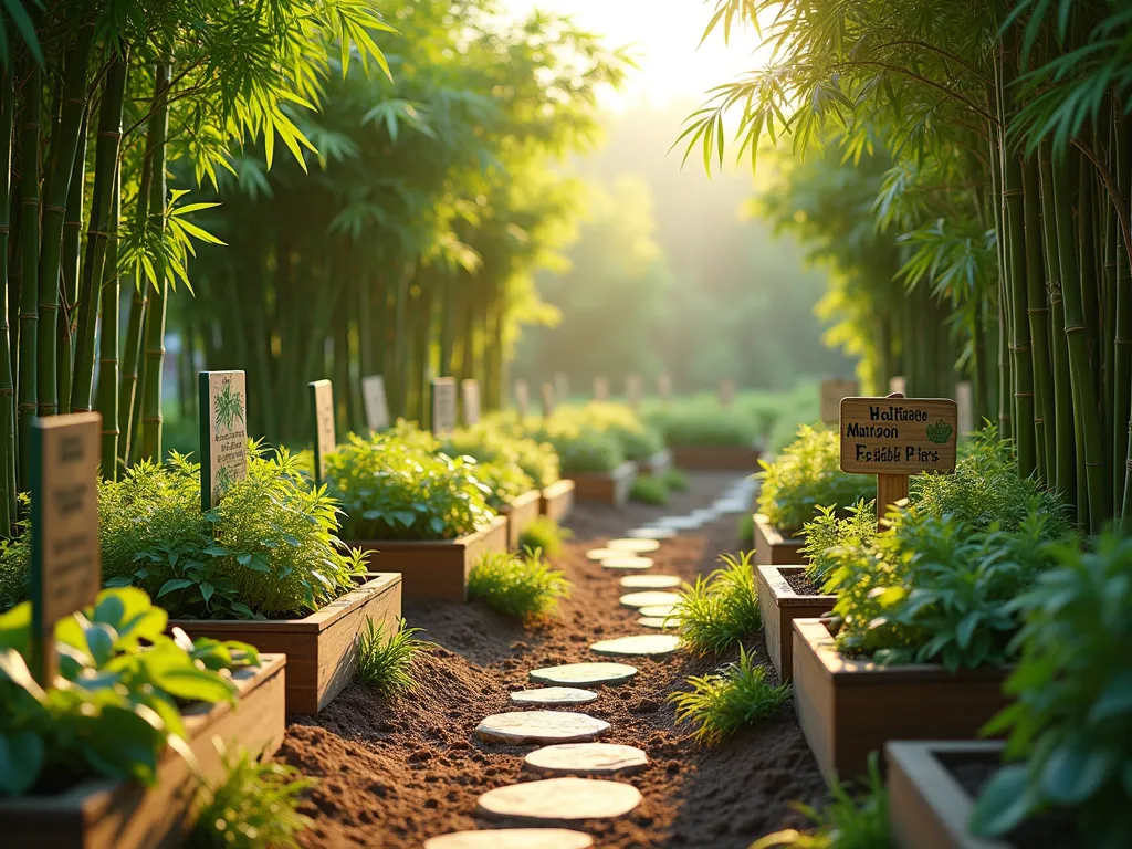 Sustainable Edible Bamboo Garden Oasis - A sunlit permaculture garden with towering Moso bamboo stalks in the background, their bright green shoots emerging from rich soil. In the foreground, raised garden beds showcase companion plantings of organic vegetables and herbs. Educational wooden signs with botanical illustrations identify edible bamboo varieties. Natural stone pathways weave between bamboo clusters and garden beds, while young bamboo shoots ready for harvest peek through the ground. The scene is captured in warm morning light with a shallow depth of field, emphasizing the lush, productive atmosphere of the space. Photorealistic, high detail, f/2.8, soft natural lighting.