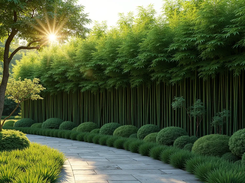 Elegant Bamboo Privacy Screen Garden Wall - A serene garden scene featuring a tall, lush bamboo privacy screen stretching 12 feet high, creating a natural living wall. Dense green Phyllostachys bamboo planted in a perfectly straight line, their tall culms swaying gently in the breeze. Soft natural lighting filtering through the bamboo leaves, casting delicate shadows. A modern zen garden path runs parallel to the bamboo screen, with ornamental grasses and small Japanese maples adding layers of texture. Photorealistic, high-end landscape photography style, golden hour lighting, 8k resolution.