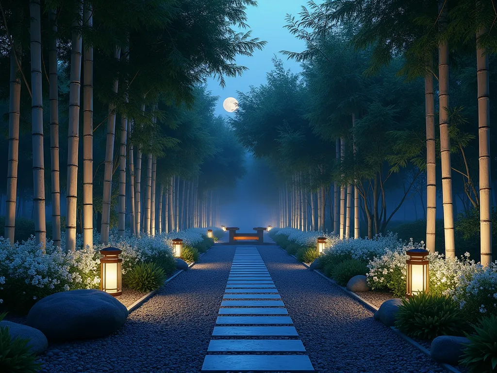 Ethereal Bamboo Moonlight Garden - A serene nighttime garden scene featuring elegant white-striped Bambusa ventricosa 'Kimmei' bamboo groves illuminated by soft uplighting. Silver-white Japanese forest grass and white flowering moonflowers cascade along stone pathways. Strategically placed solar lanterns cast gentle shadows through bamboo leaves, creating dancing patterns on a dark pebble path. Cool blue-tinted landscape lighting highlights a small meditation bench surrounded by white-blooming night jasmine. Mist hovers near the ground, reflecting moonlight and creating an ethereal atmosphere. Photorealistic, high-detail garden photography, dramatic nighttime lighting.