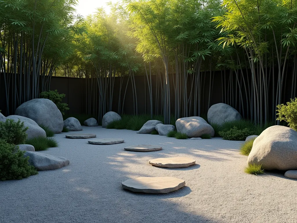 Zen-Inspired Bamboo and Rock Garden - A serene Japanese-inspired garden featuring tall, graceful black bamboo plants swaying behind artfully placed granite boulders and river rocks. The ground is covered in a meticulous pattern of light gray gravel, raked in traditional zen circles. Natural stepping stones create a winding path through the space. The bamboo casts gentle shadows on the rock arrangement, while smaller green bamboo varieties provide layered texture in the background. Shot during golden hour with soft, natural lighting enhancing the peaceful atmosphere. Photorealistic, highly detailed, 4K quality.