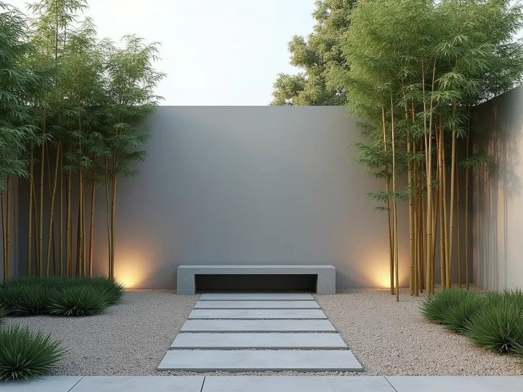 Modern Zen Bamboo Garden - Photorealistic landscape design of a minimalist bamboo garden featuring sleek rows of tall Phyllostachys aurea bamboo planted in perfect geometric lines against a light gray contemporary wall. Clean gravel pathways in light beige form straight lines between bamboo clusters. Modern concrete pavers create a simple walking path. Subtle uplighting highlights the bamboo's elegant stalks. The space maintains clear sight lines with strategic negative space and features a single modern concrete bench. Soft evening lighting, 8k quality, architectural photography style.