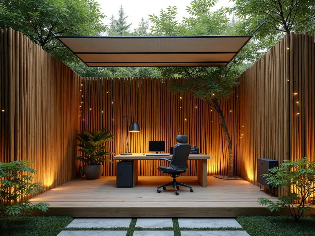 Modern Zen Bamboo Garden Office - A serene outdoor office space surrounded by tall, elegant bamboo walls creating a natural privacy screen. A modern, minimalist desk and ergonomic chair sit on a raised wooden platform deck. Soft ambient lighting and string lights weave through the bamboo. A sleek power station is discreetly integrated into the deck. Natural stone pathways lead to the workspace, with small Japanese maples adding color. The space features a retractable awning for weather protection. Photorealistic, architectural photography style, golden hour lighting, 4k ultra HD