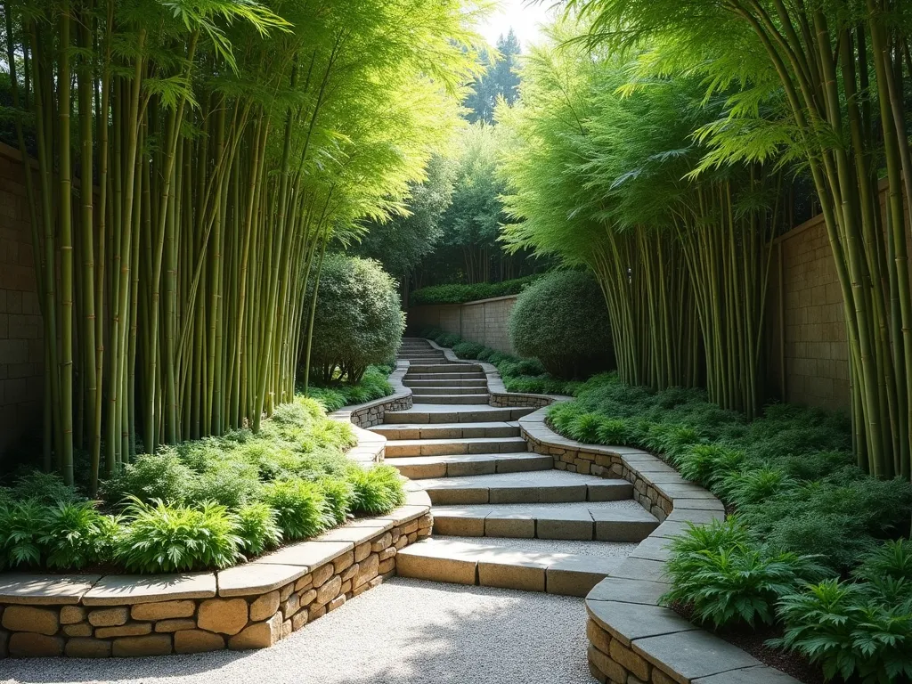 Elegant Terraced Bamboo Garden with Stone Steps - A serene terraced garden with three distinct levels separated by tall bamboo plants, featuring natural stone steps winding through the levels. The terraces are adorned with lush green bamboo groves of varying heights, creating natural privacy screens. Japanese forest grass and ornamental ferns carpet the ground beneath. Stone retaining walls with weathered patina support each terrace level. Soft morning light filters through the bamboo leaves, casting elegant shadows on the light gravel pathway. Contemporary Asian garden design style with a peaceful, zen-like atmosphere.