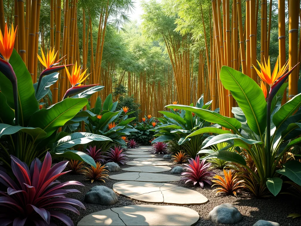 Lush Tropical Bamboo Garden Paradise - A stunning tropical garden landscape with tall golden bamboo creating a natural backdrop, mixed with shorter black bamboo varieties in the mid-ground. In the foreground, vibrant orange bird of paradise flowers and large-leafed banana plants create a dramatic tropical setting. Deep purple and red bromeliads nestle at the base of the bamboo clusters, while filtered sunlight creates dappled shadows across the scene. A natural stone pathway winds through the garden, with decorative river rocks adding texture. The entire scene has a photorealistic quality with rich, saturated colors and high-end professional garden photography lighting, 4k resolution.