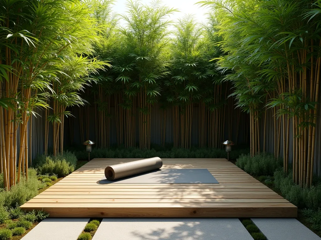 Zen Bamboo Garden Exercise Sanctuary - A serene outdoor yoga platform surrounded by tall, graceful bamboo plants casting gentle shadows. The wooden deck platform features natural cedar planks, floating slightly above ground with modern minimalist design. Dense Phyllostachys aureosulcata bamboo creates a living privacy screen in a curved formation. Early morning sunlight filters through the bamboo leaves, creating a peaceful atmosphere. Natural stone pavers lead to the platform, with small ornamental grasses and moss growing between. A rolled yoga mat rests on the platform, suggesting mindful activity. Landscape lighting fixtures illuminate the bamboo from below.