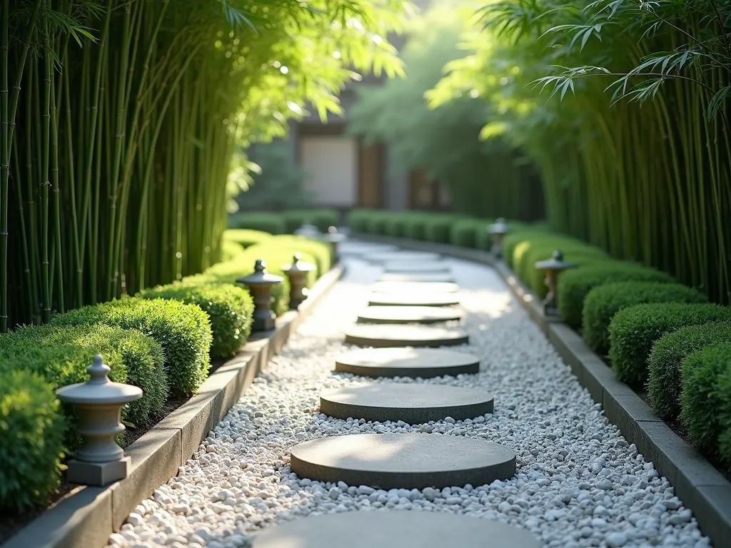 Zen Garden Path with Dwarf Bamboo Border - A serene Japanese garden path with natural gray stepping stones meandering through a perfectly manicured border of low-growing dwarf bamboo, Sasa veitchii. The bamboo leaves gently sway in the breeze, creating a soft green corridor. Fine white gravel fills the spaces between stepping stones, while stone lanterns peek through the bamboo at intervals. Filtered sunlight creates dappled shadows on the path, photographed in high resolution with soft morning light. The composition emphasizes clean lines and peaceful simplicity, characteristic of traditional Japanese garden design.