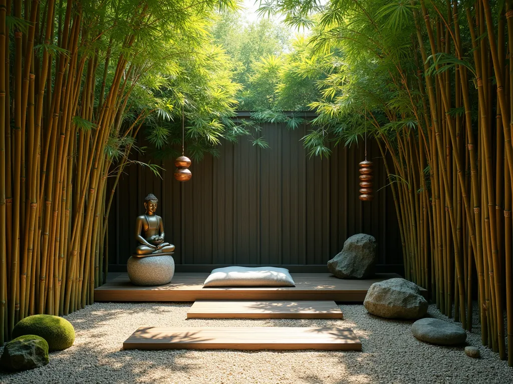 Zen Bamboo Meditation Garden - A serene outdoor meditation space surrounded by tall, elegant bamboo plants creating natural privacy walls. A raised wooden platform with a comfortable meditation cushion sits at the center, bathed in dappled sunlight filtering through the bamboo leaves. A bronze Buddha statue rests peacefully on a stone pedestal nearby, while copper wind chimes hang gracefully from bamboo poles. The space features a small gravel garden with carefully arranged rocks and moss patches. Natural morning light creates a mystical atmosphere with soft shadows and golden highlights. Architectural photography style, peaceful composition, high-end garden design.