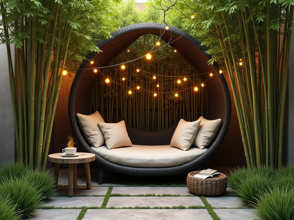 Zen Bamboo Reading Haven - A serene outdoor reading nook nestled within a lush bamboo grove, featuring a plush dark wicker lounger with cream cushions and throw pillows. Tall, gracefully arching Phyllostachys bamboo creates a natural canopy overhead, filtering dappled sunlight. Warm LED string lights are delicately woven through the bamboo stalks. A weathered wooden side table holds books and a steaming cup of tea. Natural stone pavers lead to the intimate space, with ornamental grasses softening the edges. The bamboo creates a horseshoe-shaped embrace around the seating area, offering privacy and tranquility. Photorealistic, golden hour lighting, architectural photography style.