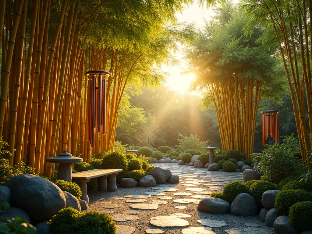 Zen Bamboo Sound Garden at Sunset - A serene Japanese-inspired garden at golden hour featuring tall golden bamboo stalks swaying gently in the breeze, with elegant copper and bamboo wind chimes hanging at different heights. Natural stone pathway winding through the bamboo grove, surrounded by moss-covered rocks. Large hollow bamboo tubes of varying lengths arranged like an organic wind organ near a small meditation bench. Soft, warm lighting filtering through the bamboo leaves, creating dramatic shadows. Small stone lanterns provide ambient lighting. Perspective shot emphasizing depth and tranquility, photorealistic, high detail, peaceful atmosphere.