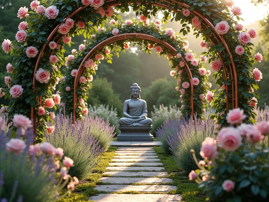 Serene Buddha Rose Garden with Climbing Arches - A tranquil garden scene featuring a serene stone Buddha statue as the focal point, surrounded by lush pink and white climbing roses on elegant curved copper arches. The roses cascade gracefully over the trellises, creating a romantic frame. In the foreground, bushes of David Austin roses in soft pink and pure white blend with swaying purple lavender and silver-green sage. The garden is captured during golden hour, with soft sunlight filtering through the rose-covered arches, creating a dreamy, ethereal atmosphere. Natural stone pavers create a meandering path leading to the Buddha statue, with moss growing between the stones. The composition is photographed in a cinematic style, emphasizing depth and peaceful ambiance. Hyperrealistic, detailed, 8k photography