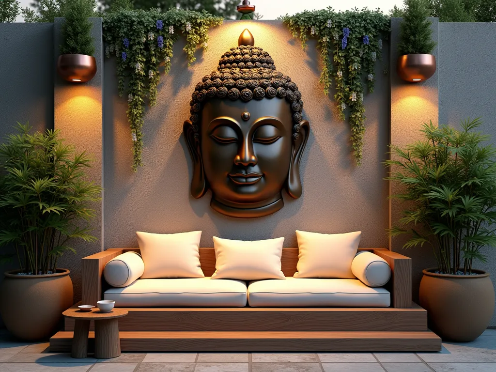 Illuminated Buddha Wall Garden Sanctuary - A serene garden scene at dusk featuring a large bronze Buddha face wall sculpture mounted on a textured stone wall, dramatically lit by warm uplighting. Delicate star jasmine and wisteria vines gracefully frame the Buddha, cascading from copper wall planters filled with trailing ivy. Below, a cozy meditation nook with plush cream-colored weatherproof cushions rests on a natural teak low platform. A simple brass side table holds a ceramic tea set. Bamboo plants in tall ceramic planters flank the seating area, creating depth and privacy. The entire scene is bathed in soft, ambient lighting that creates gentle shadows and a peaceful atmosphere. Photorealistic, architectural photography style, warm evening lighting.