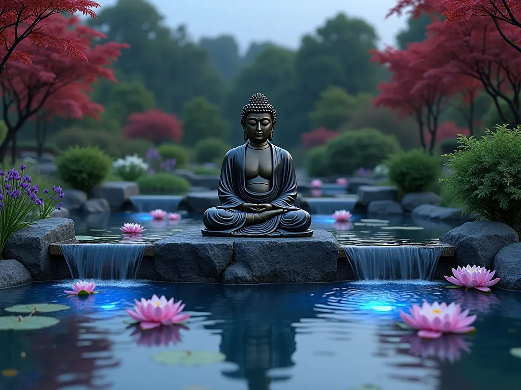 Serene Buddha Water Garden with Night Illumination - A tranquil garden scene featuring a large, weathered bronze Buddha statue seated in meditation pose, partially surrounded by a crystal-clear reflecting pond. The statue is elevated on a natural stone platform rising from the water, with cascading mini waterfalls on either side creating gentle ripples. Pink and white lotus flowers float serenely on the water's surface, while purple and white water lilies dot the pond's edges. Underwater LED lights cast a soft, ethereal blue glow beneath the water's surface, illuminating the Buddha from below. The scene is captured during blue hour, with the water reflecting both the statue and the twilight sky. Japanese maples with deep red foliage frame the background, while ornamental grasses sway gently at the pond's edge. Photorealistic, soft ambient lighting, scenic garden photography, 4K quality.